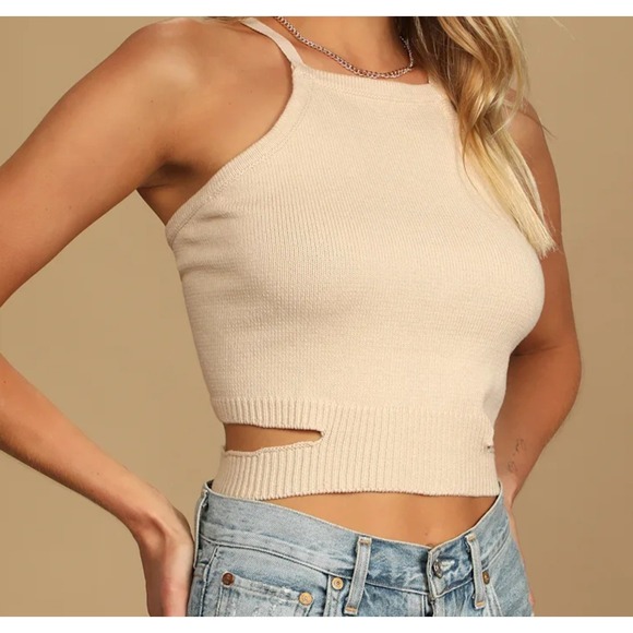 Lulus Sweaters - Lulus Cream Cotton Blend Cutout Tie Back Sweater Tank Size M Boho Summer Casual